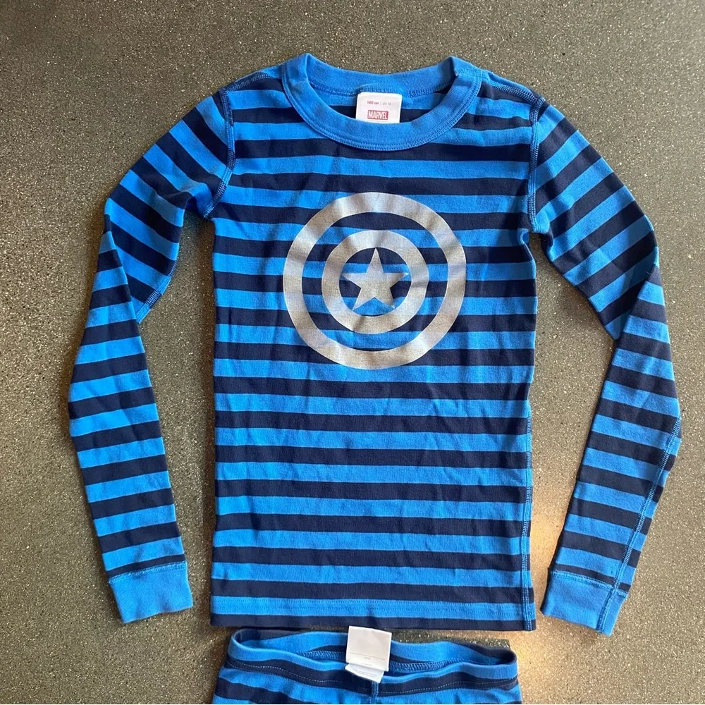 Hanna Andersson Boys Size 10 Pajamas Marvel Captain America Blue‎ Stripe Long